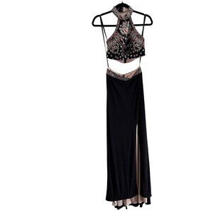 Blondie Nites Stacy Solar Junior 3 Navy Embroidered 2 Pc Full Length Gown Dress
